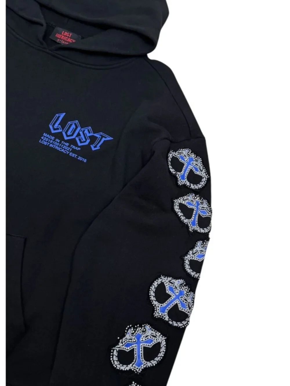 LOST INTRICACY Luxury Streetwear Rap Black Blue Hoodie Sweatshirt Mens XL